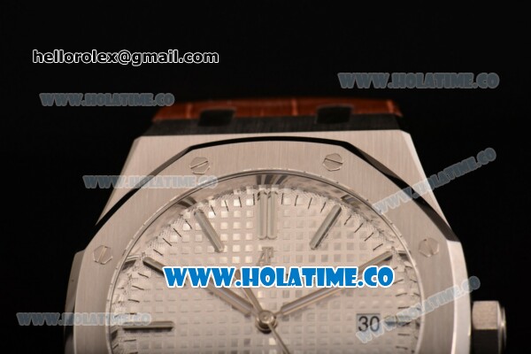 Audemars Piguet Royal Oak 41 MM Clone AP Calibre 3120 Automatic Steel Case with White Dial and Brown Leather Strap - Stick Markers - 1:1 Original (JF) - Click Image to Close